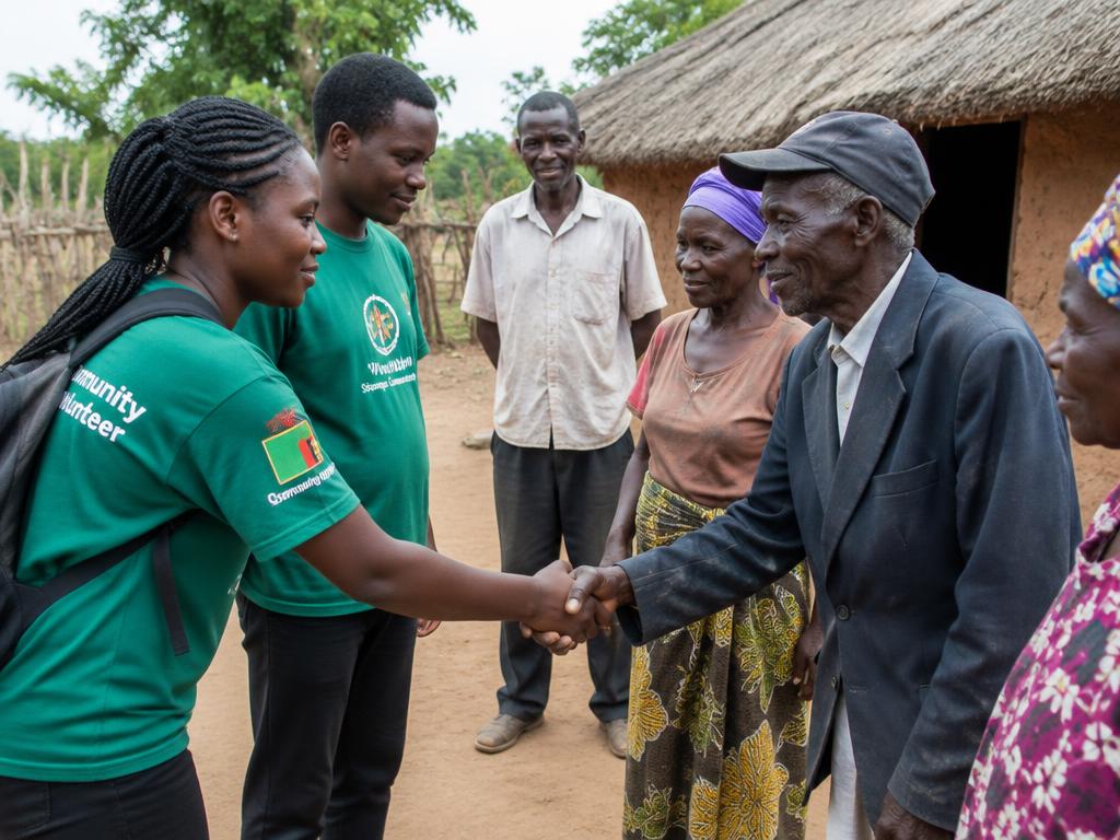 Volunteers greeting community representatives in a village